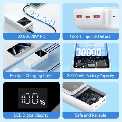 Батарея універсальна Vention 30000mAh 22.5W 3A, PD, QC/3.0, LED Display, White (FHMW0)