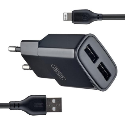 Зарядний пристрій XO L92C (2USB/2.4A) + USB - Lightning Чорний (XO-L92C-L)