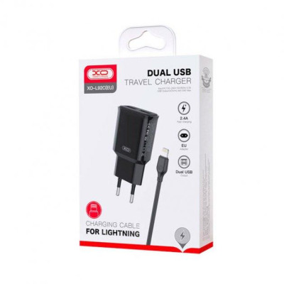 Зарядний пристрій XO L92C (2USB/2.4A) + USB - Lightning Чорний (XO-L92C-L)