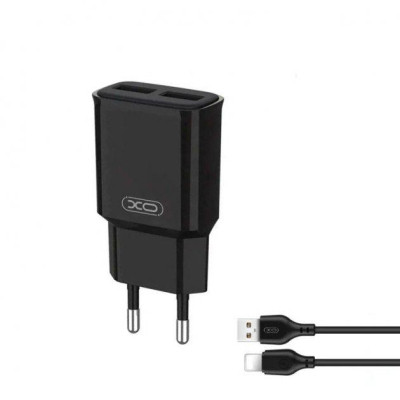 Зарядний пристрій XO L92C (2USB/2.4A) + USB - Lightning Чорний (XO-L92C-L)