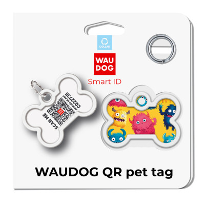 Адресник для тварин WAUDOG Smart ID з QR паспортом &quot;Мохнаті монстри&quot;, кістка 40х28 мм (231-4050)