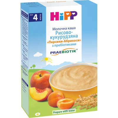 Дитяча каша HiPP молочна Рисово-кукурудзяна Персики-Абрикоси з пребіотиками 2 (9062300140092)