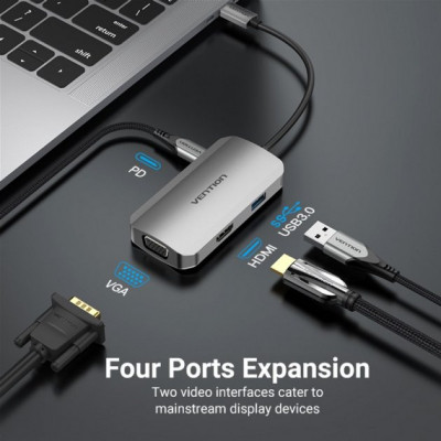 Концентратор Vention USB3.1 Type-C --&gt; HDMI/VGA/USB 3.0/PD 100W Hub 4-in-1 (TOAHB)