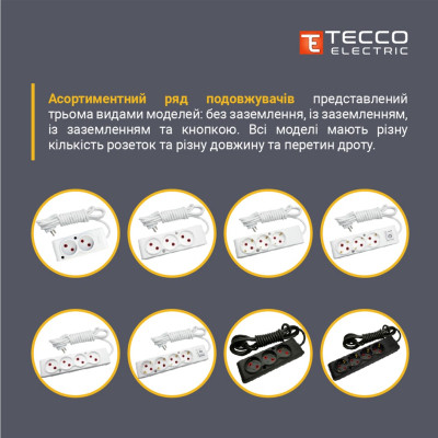 Мережевий подовжувач TECCO 1.5м 2 поста white (8681277841897)