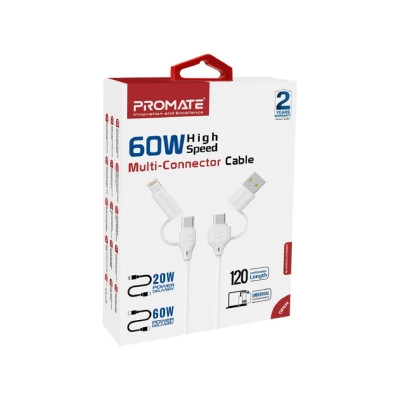 Дата кабель USB-C + USB 2.0 AM to USB-C + Lightning 1.2m 60W quadcord-pd60 white Promate (quadcord-pd60.white)