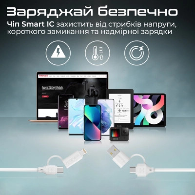 Дата кабель USB-C + USB 2.0 AM to USB-C + Lightning 1.2m 60W quadcord-pd60 white Promate (quadcord-pd60.white)