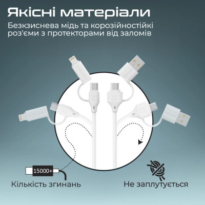 Дата кабель USB-C + USB 2.0 AM to USB-C + Lightning 1.2m 60W quadcord-pd60 white Promate (quadcord-pd60.white)