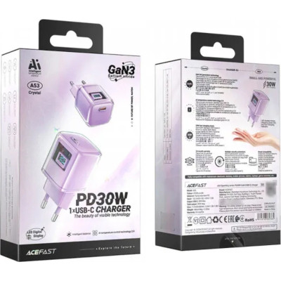 Зарядний пристрій Acefast 1xUSB-C 30W Gan A53 Fast Charger alfalfa purple (6974316282365)
