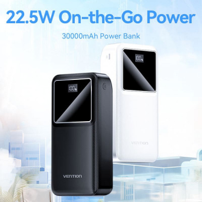 Батарея універсальна Vention 30000mAh 22.5W 3A, PD, QC/3.0, LED Display, Black (FHMB0)