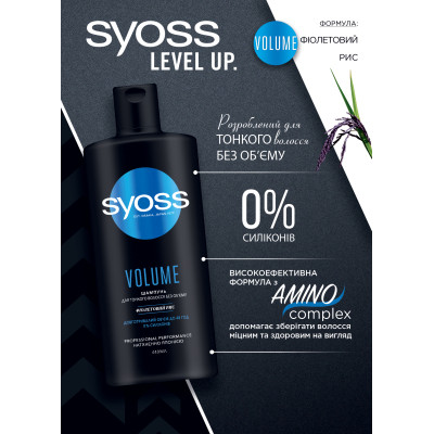 Шампунь Syoss Volume з Фіолетовим Рисом для тонкого волосся без об&#039;єму 440 мл (4015100338942/9000101277296)
