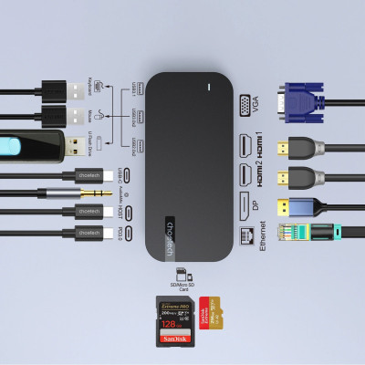 Концентратор Choetech USB-C 15-in-1 HDMI/PD/CR/LAN/USB-A/USB-C/AUX/VGA/DP (HUB-M52-GY)