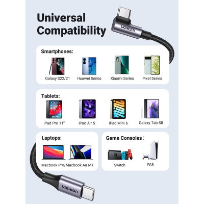 Дата кабель USB-C to USB-C 3.0m 60W US255 90-degree Angle Black Ugreen (80714)
