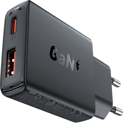 Зарядний пристрій Acefast 2xUSB 30W (USB-C+USB-A) Gan A69 ultra-thin Fast Charger Black (6974316282709)