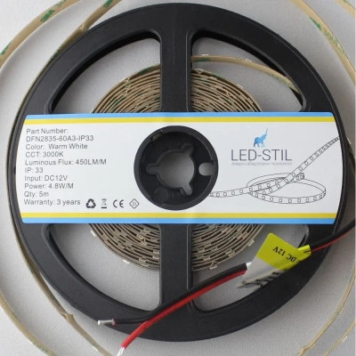 Світлодіодна стрічка LED-STIL 3000K 4,8 Вт/м 2835 60 діодів IP33 24 Вольта 450 lm (DFN2835-60A3-IP33-24V)