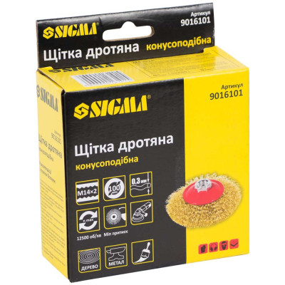 Щітка для електроінструменту Sigma дротяна конусоподібна 100мм М14x2мм латунированная 9016101 (9016101)
