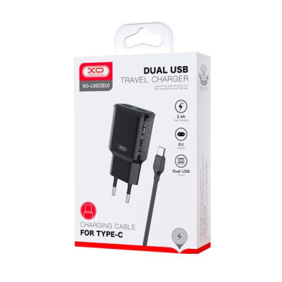 Зарядний пристрій XO L92C (2USB/2.4A) + USB - Type-C Чорний (XO-L92C-T)