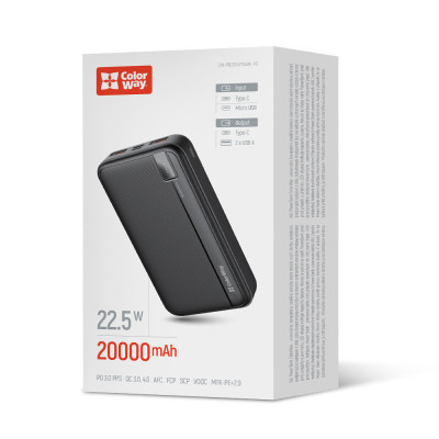 Батарея універсальна ColorWay 20 000 mAh PD/22.5W, QC/3.0, black (CW-PB200LPA4BK-PD)