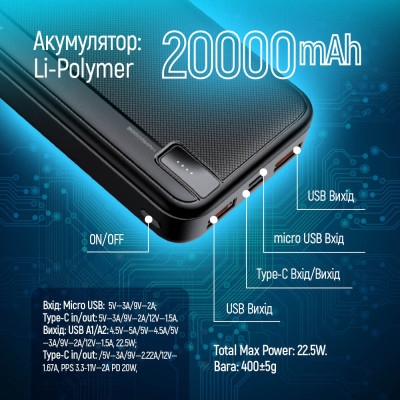 Батарея універсальна ColorWay 20 000 mAh PD/22.5W, QC/3.0, black (CW-PB200LPA4BK-PD)