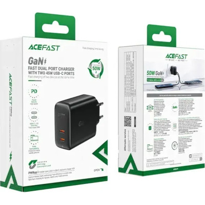 Зарядний пристрій Acefast 2xUSB 50W (USB-C+USB-C) Gan A29 Fast Charger Black (6974316281443)