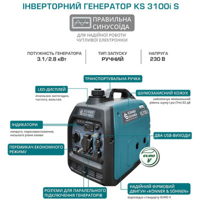 Генератор Konner&amp;Sohnen інверторний KS 3100i S, 230В, 3.1кВт, ручний тартер, 21.5кг (KS3100IS)