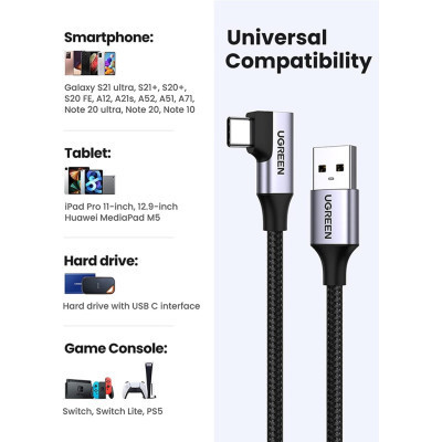 Дата кабель USB 3.0 AM to Type-C 1.0m 60W US385 90-degree Black Ugreen (20299)