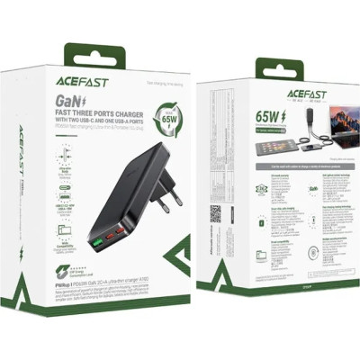 Зарядний пристрій Acefast 3xUSB 65W (2xUSB-C+USB-A) Gan A100 Fast Charger Ultra thin black (6974316283492)