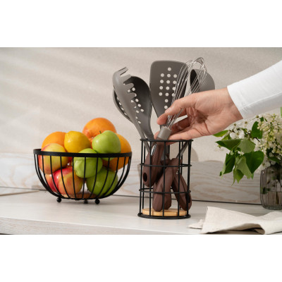 Аксесуар кухонний Ardesto Підставка для столових приборів Midori 11х11х17см, метал, бамбук, чорний (AR0905B)