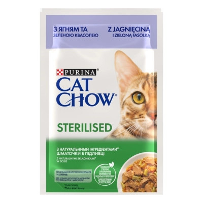 Вологий корм для кішок Purina Cat Chow Sterilised з ягням та зеленою квасолею в желе 85г (7613037025484)