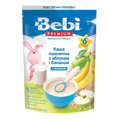 Дитяча каша Bebi Premium молочна пшенична з яблуком та бананом +6 міс. 200 г (8606019654344)
