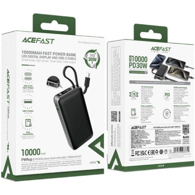 Батарея універсальна Acefast 10000mAh 30W PD, USB-C witch cable, USB-A, Li-Pol, M7 Black (6974316283379)
