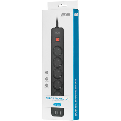 Мережевий фільтр живлення 2E 5XSchuko, 3G*1.5мм, 3*USB-A, 2м, black (2E-SP515M2USBBK)