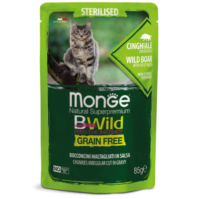 Вологий корм для кішок Monge Cat Bwild GR.FREE Wet Sterilised м&#039;ясо дикого кабана з овочами 85 г (8009470012805)