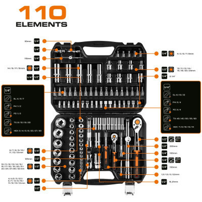 Набір інструментів Neo Tools 110шт, 1/2&quot;, 1/4&quot;, CrV, кейс (10-066)