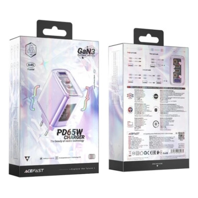 Зарядний пристрій Acefast 3xUSB 65W (2xUSB-C+USB-A) Gan A45 Fast Charger Purple alfalfa (6974316282075)