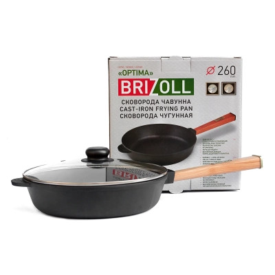 Сковорода Brizoll Optima чавунна з ручкою та скляною кришкою 260х60 мм (O2660-P-C)