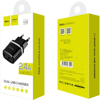 Зарядний пристрій HOCO C12 Smart dual USB charger Black (6957531063094)