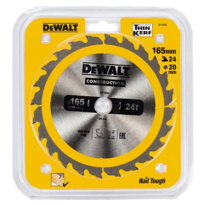 Диск пильний DeWALT CONSTRUCTION, 165х20 мм, 24z (ATB), +10 град (DT1934)
