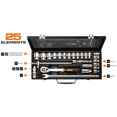 Набір головок Neo Tools 25шт, 1/2&quot;, CrV, металевий кейс (10-036)