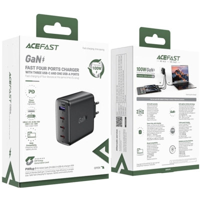 Зарядний пристрій Acefast 4xUSB 100W (3xUSB-C+USB-A) Gan A94 Fast Charger Black (6974316283133)