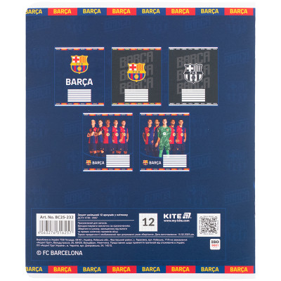 Зошит Kite FC Barcelona, 12 аркушів, клітинка (BC25-232)