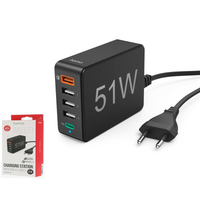 Зарядное устройство Hama 1xQC3.0, 3xUSB-A, 1xUSB-C PD 51W (00201630)