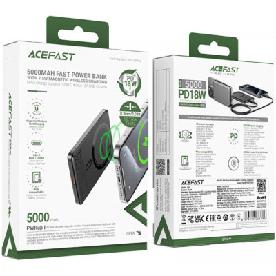 Батарея універсальна Acefast Magnetic Wireless 5000mAh 18W PD, QC/3.0, QI 7.5W, ультра тонкий, M8 Bllack (6974316283386)