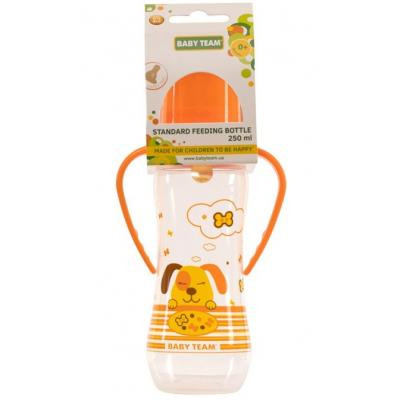 Пляшечка для годування Baby Team з латексною соскою і ручками 250 мл 0+ (1311_собачка_оранжевая)