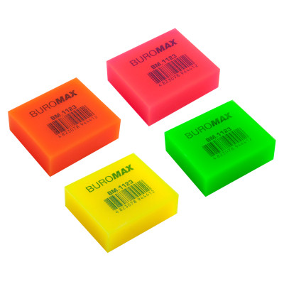 Гумка Buromax NEON, прямокутна 40x35x14 мм, м&#039;який пластик, асорті кольорів (BM.1123)