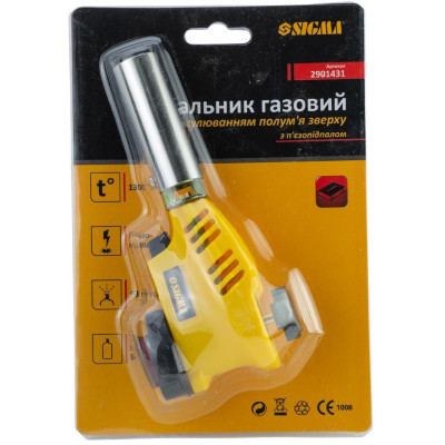 Газовий паяльник Sigma з регулюванням полум&#039;я зверху і п&#039;єзопідпалом 20мм 153мм (2901431)
