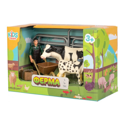 Фігурка Kids Team набір Ферма фермер, біло-чорна корова, плямисте біло-чорне теля (Q9899-X10_3)