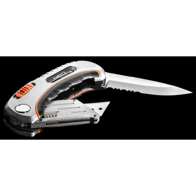 Ніж монтажний Neo Tools складаний, 2 наконечники, 5 трапецієподібних лез у наборі, чохол (63-710)