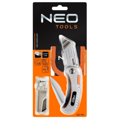 Ніж монтажний Neo Tools складаний, 2 наконечники, 5 трапецієподібних лез у наборі, чохол (63-710)