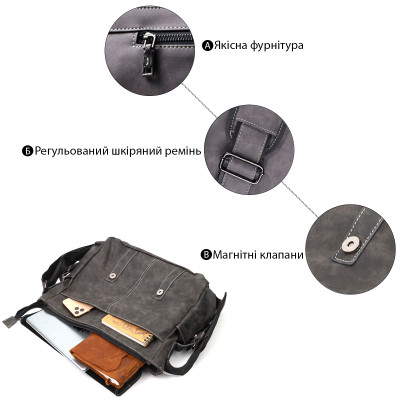 Сумка Vintage Чоловіча зі шкірозамінника Сіра (22143)