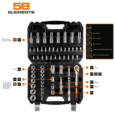 Набір інструментів Neo Tools 58шт, 1/2&quot;, CrV, кейс (10-042)